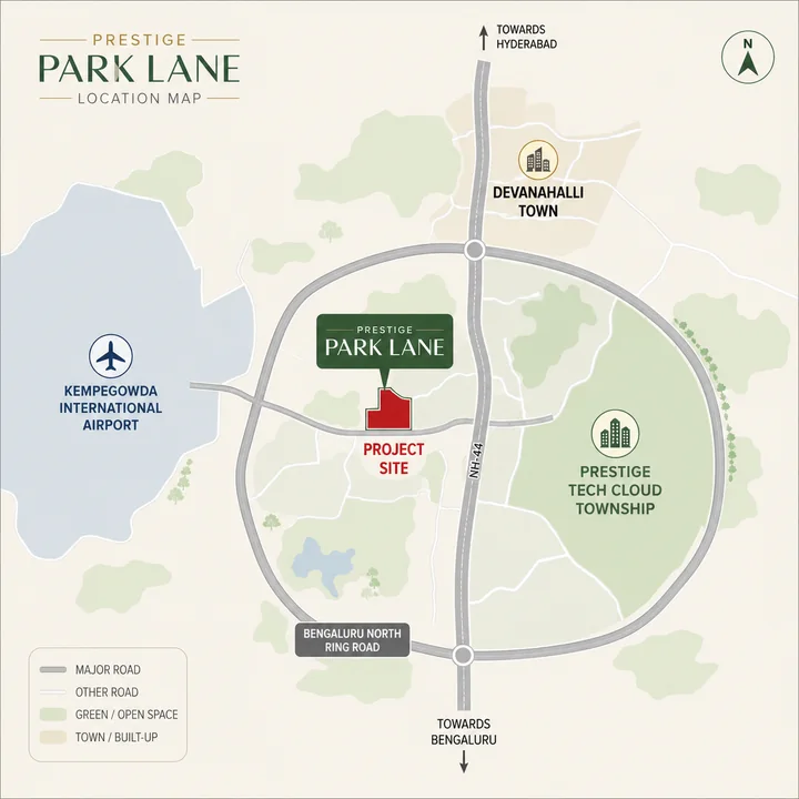 Prestige Park Lane KIADB location map showing the site at KIADB Aerospace Park Phase-2 relative to Kempegowda International Airport, Devanahalli town, NH-44 and the Satellite Town Ring Road Prestige Park Lane KIADB location map showing the site at KIADB Aerospace Park Phase-2 relative to Kempegowda International Airport, Devanahalli town, NH-44 and the Satellite Town Ring Road